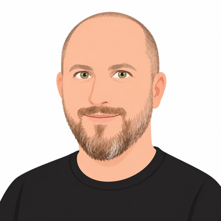 Illustrated portrait of Yoav: bald, light beard, black t-shirt, friendly smile